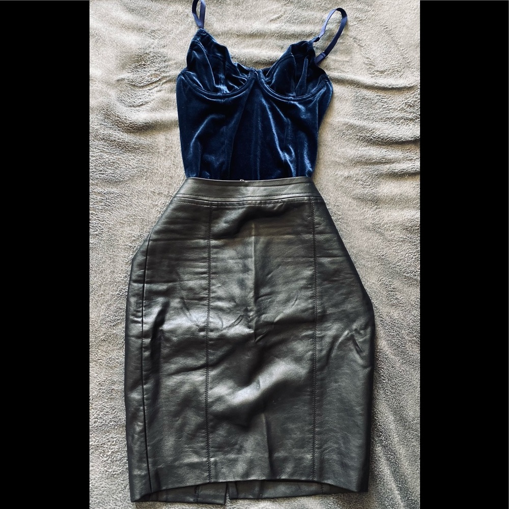 Leather Guess skirt & beautiful blue velvet suit.